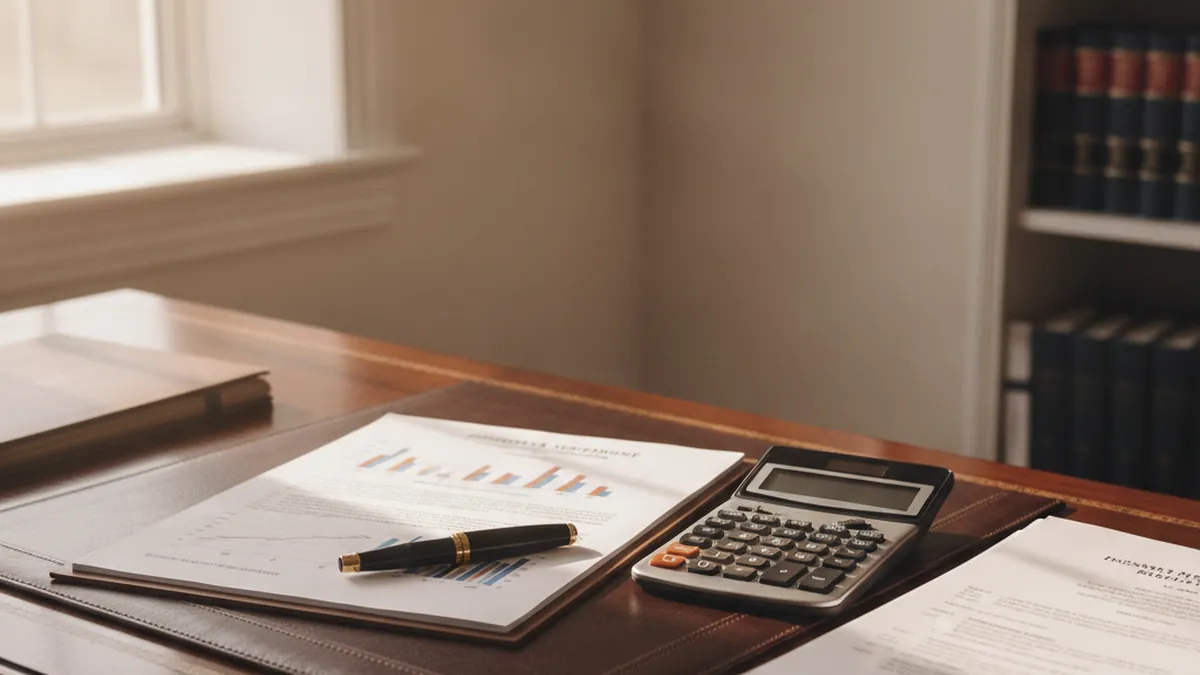 Bureau de notaire avec calculatrice et états des revenus pour vendre un immeuble à revenus à Blainville