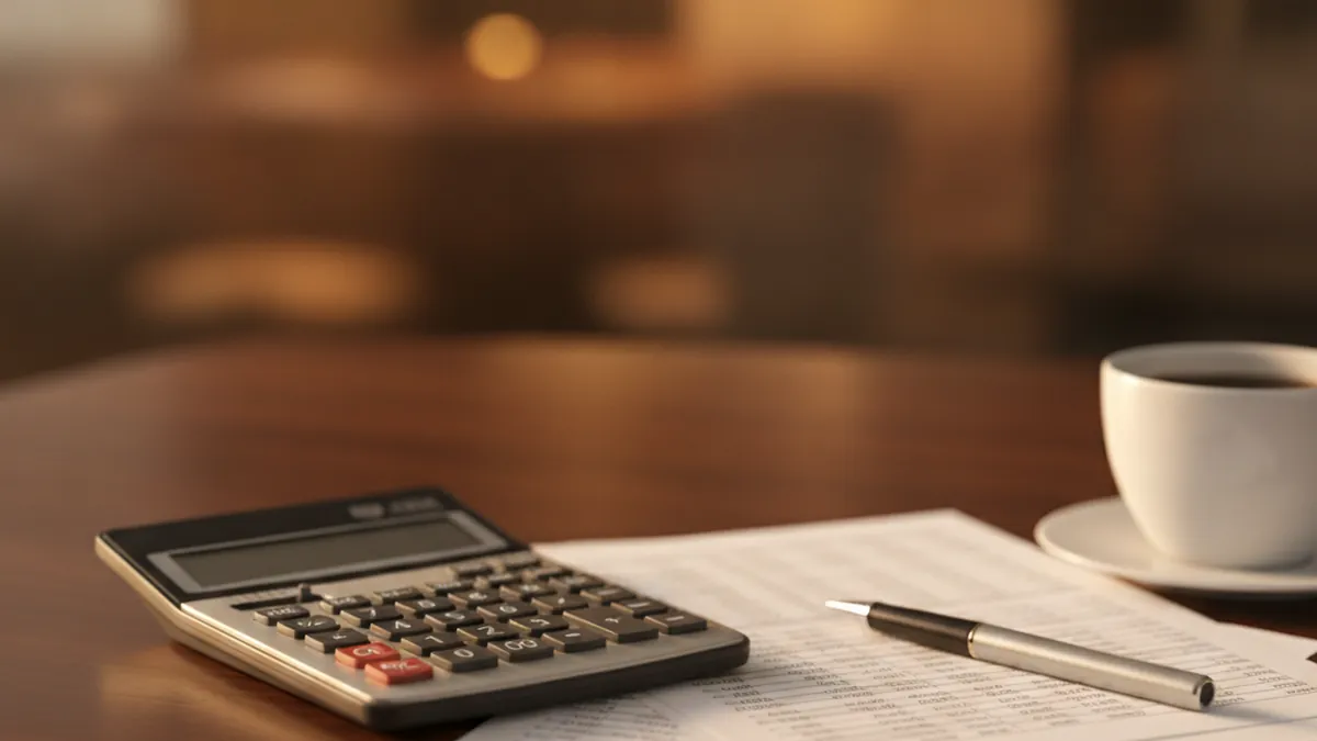 Bureau d'analyste avec calculatrice et états financiers pour calculer le RNE et le MRN d'un immeuble à revenus