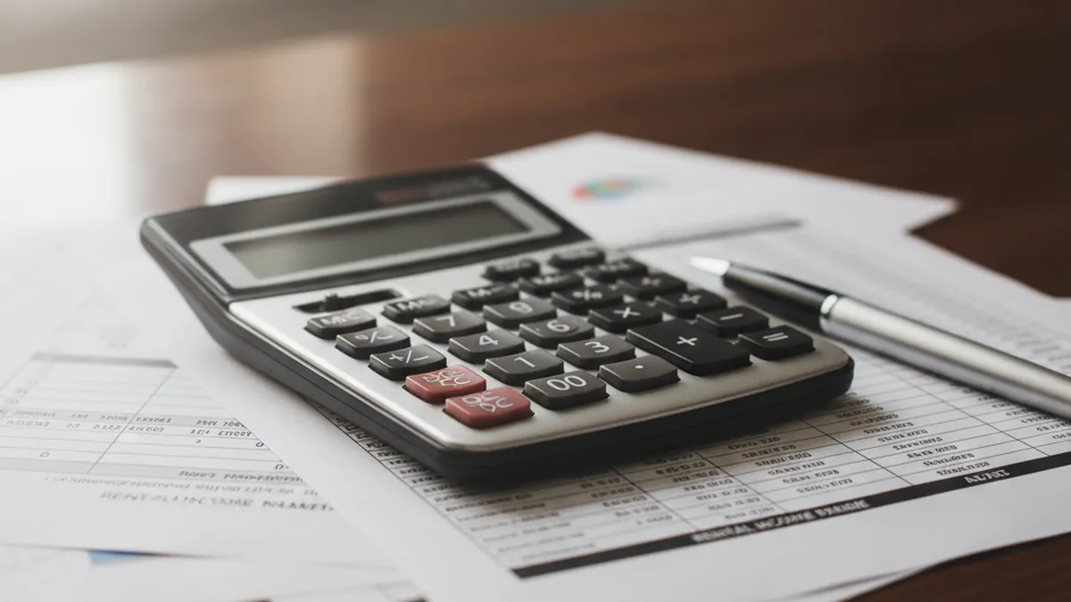 Calculatrice financière et documents de revenus locatifs posés sur un bureau pour estimer le prix net d'un 6-plex au Québec