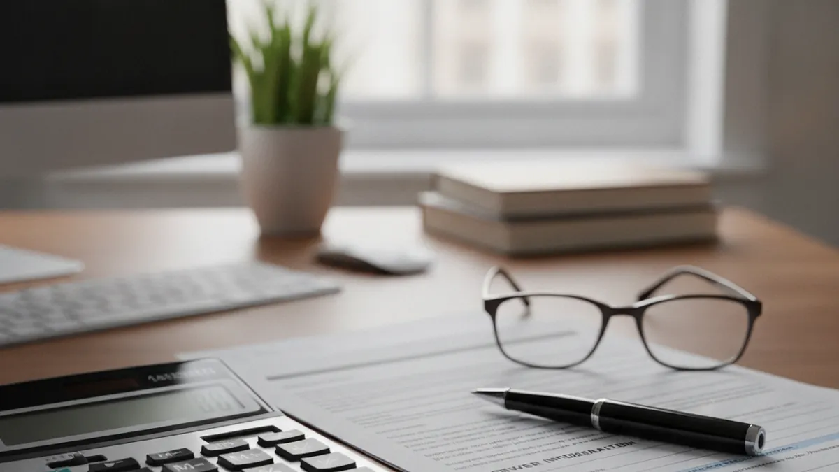 Bureau de prêteur avec calculatrice, documents hypothécaires et taux d'intérêt pour le financement d'une maison de chambres