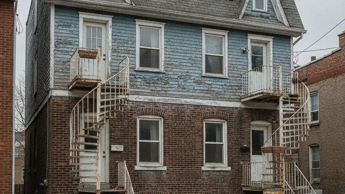 Plex à revenus à rénover en mauvais état avec revêtement et toiture défraîchis sur la Rive-Nord du Québec
