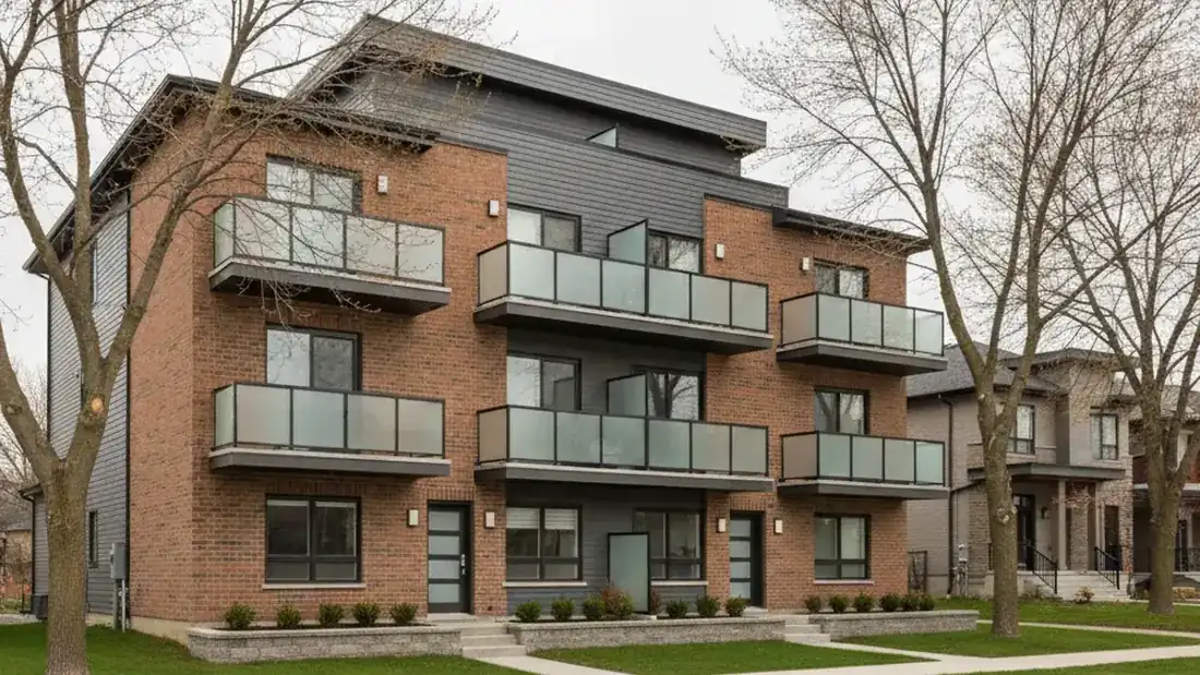 Façade d'un immeuble à revenus multilogement de la Rive-Nord soumis aux taxes foncières municipales de Blainville