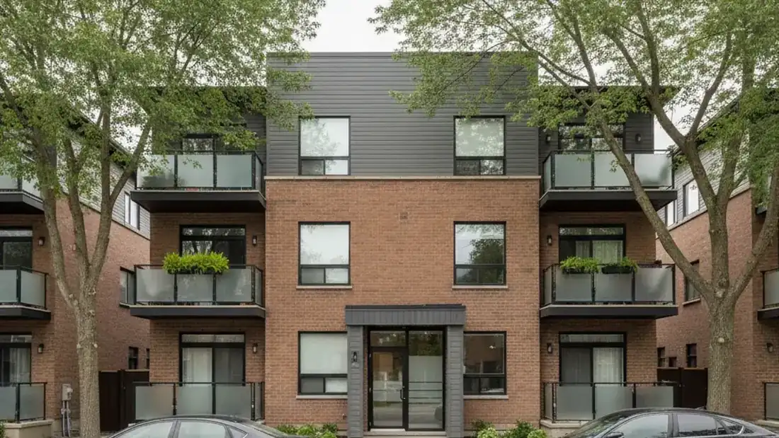 Façade d'un immeuble à revenus multilogement à Mirabel sur la Rive-Nord du Québec soumis aux taxes foncières municipales