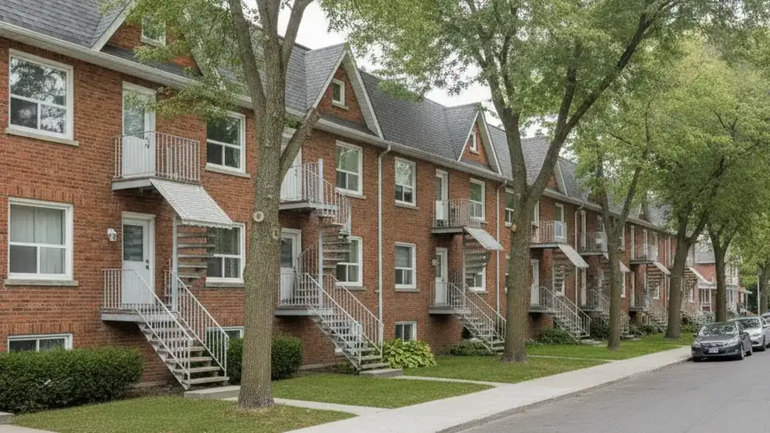 Rangée de plex et triplex en brique à Boisbriand, immeubles à revenus typiques de la Rive-Nord