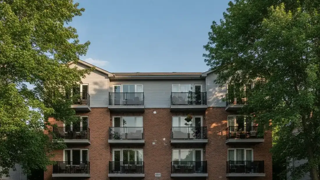 Immeuble multilogement de brique sur la Rive-Nord du Québec, symbole d'un parc immobilier à revenus bâti en mastermind