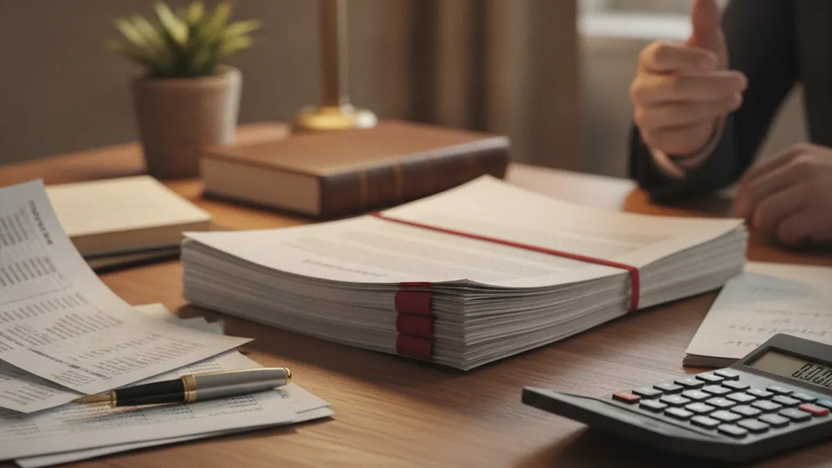 Notary's office with deed of sale, financial statements and calculator illustrating the seller's net proceeds on an income property in Québec