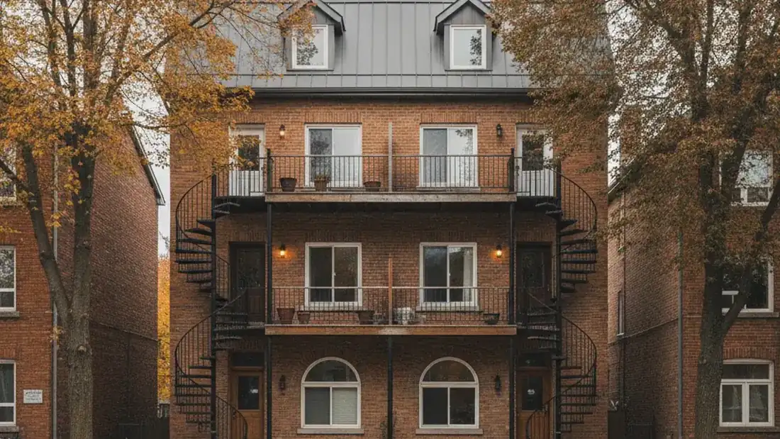 Façade d'un triplex multilogement en brique sur la Rive-Nord du Québec concerné par la taxe de bienvenue