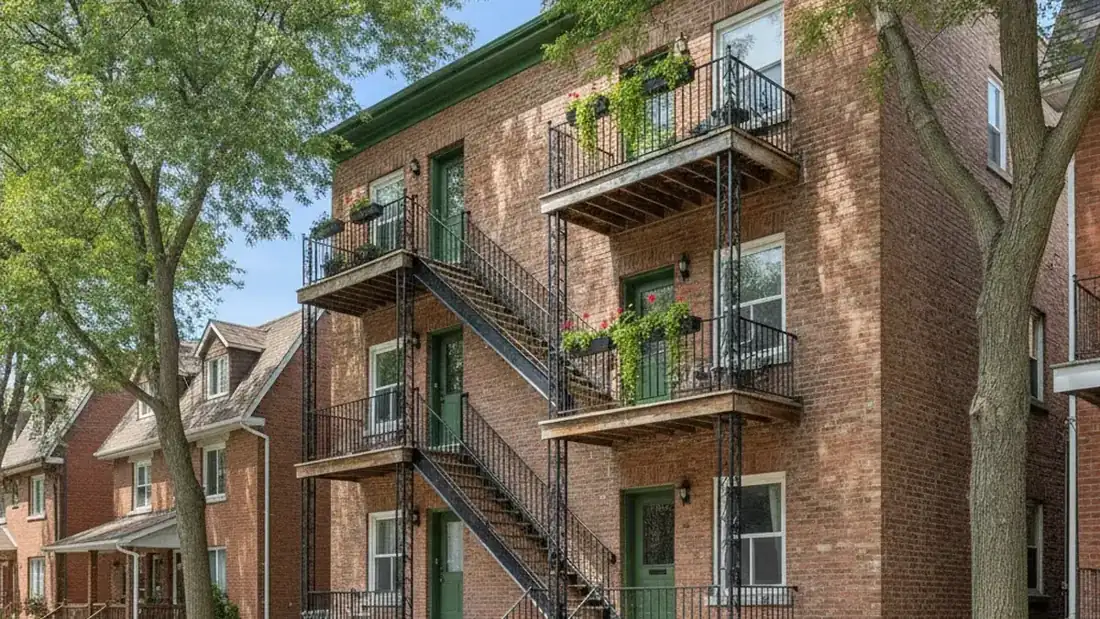Façade d'un triplex en brique sur la Rive-Nord du Québec, secteur résidentiel typique de Laval ou Repentigny
