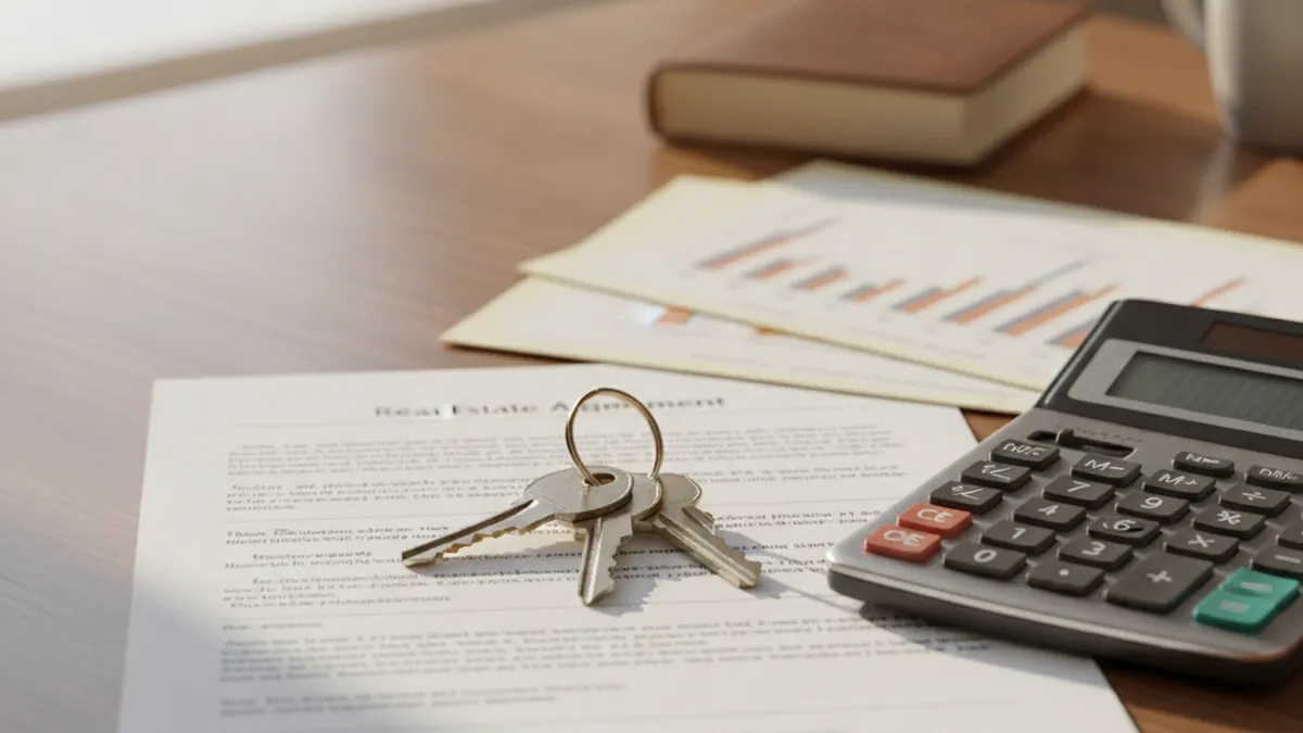Bureau de notaire avec contrat de vente d'immeuble à revenus, calculatrice et clés à Mirabel