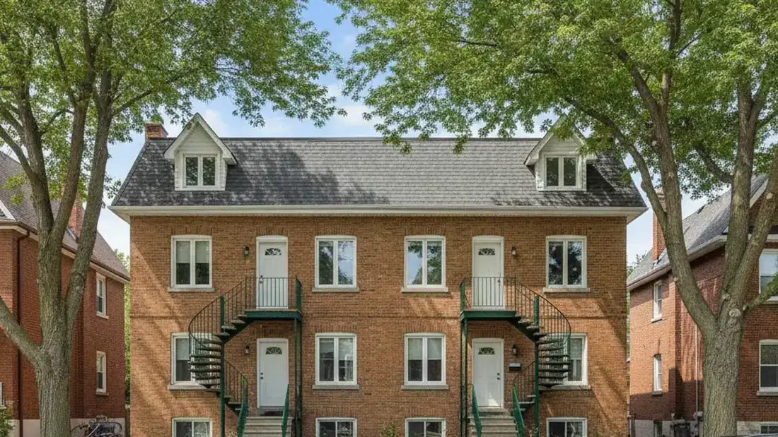 Façade d'un plex multilogement en brique sur la Rive-Nord de Montréal par une journée ensoleillée au Québec