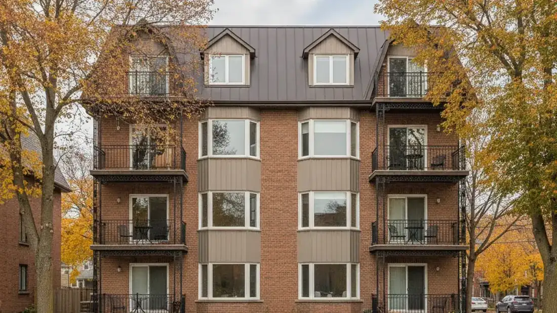Façade d'un immeuble multilogement de brique sur la Rive-Nord du Québec faisant partie d'une succession