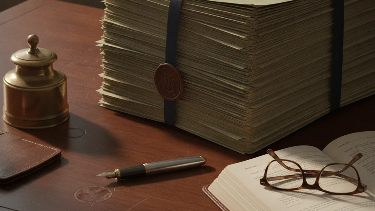 Bureau de notaire avec documents de succession et stylo plume illustrant la pression de vente forçant des concessions sur un immeuble à revenus