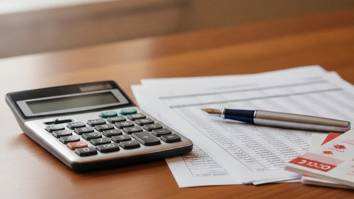Calculatrice financière et documents de rendement posés sur un bureau pour évaluer la valeur économique d'un plex au Québec