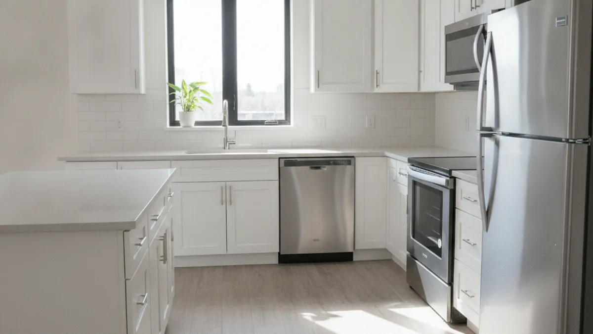 Cuisine de logement locatif rénovée dans un multilogement au Québec pour augmenter la valeur et le loyer