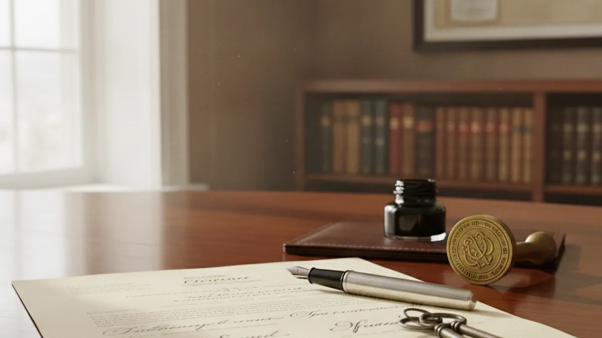 Acte notarié et clés sur un bureau, droit de mutation d'un immeuble à revenus à Terrebonne