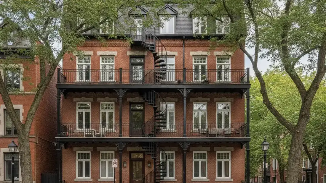 Triplex en brique avec escaliers et balcons extérieurs : structure de galerie typique d'un plex