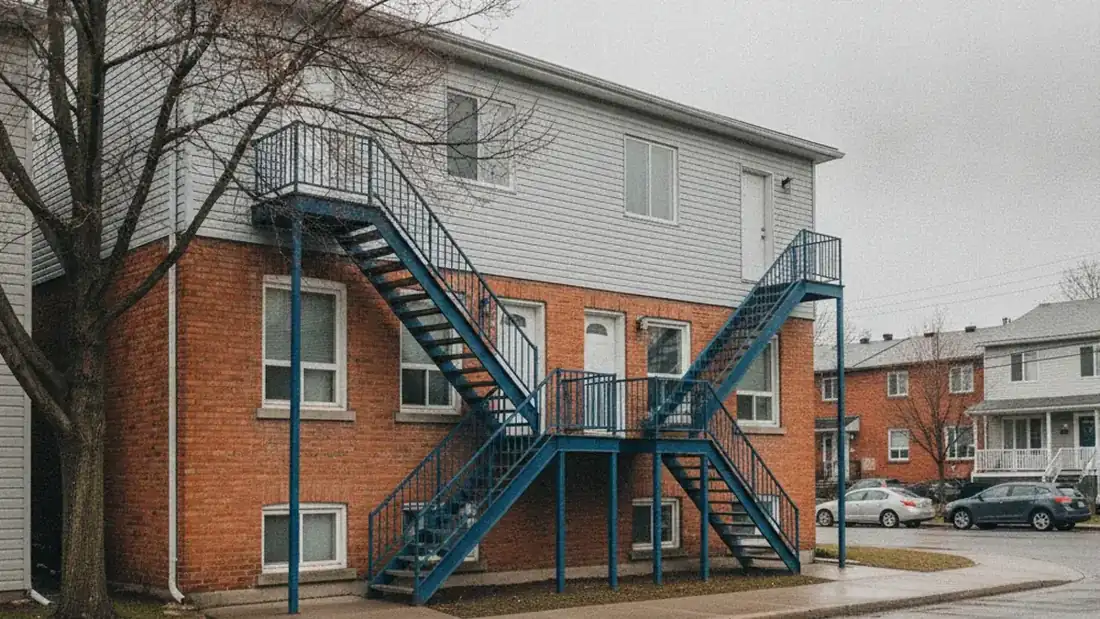 Façade d'un triplex résidentiel typique de la Rive-Nord du Québec, immeuble à revenus de trois logements