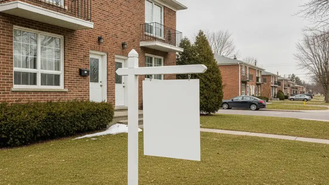 Pancarte à vendre devant un immeuble à logements sur la Rive-Nord vendu par un courtier immobilier au Québec