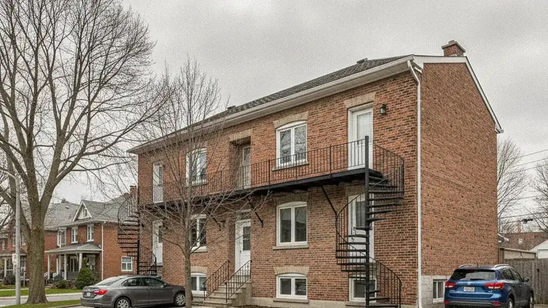 Façade d'un duplex en brique sur la Rive-Nord de Montréal, options de vente pour propriétaire de multilogement