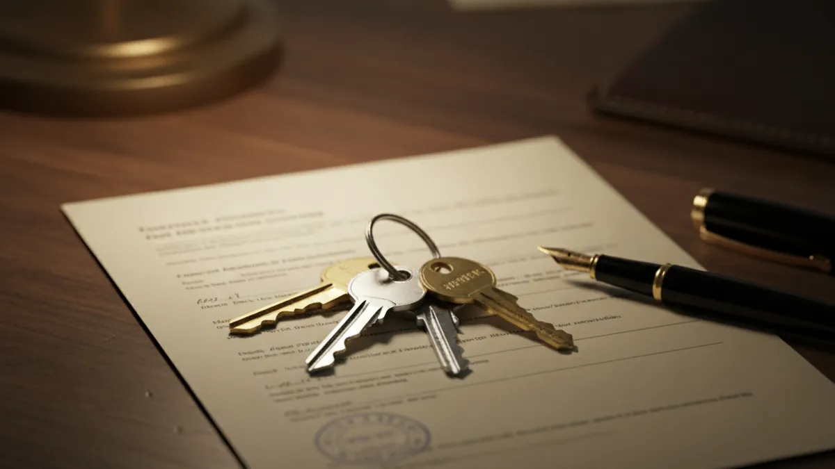 Clés de maison posées sur un acte notarié symbolisant la vente directe et confidentielle d'un duplex