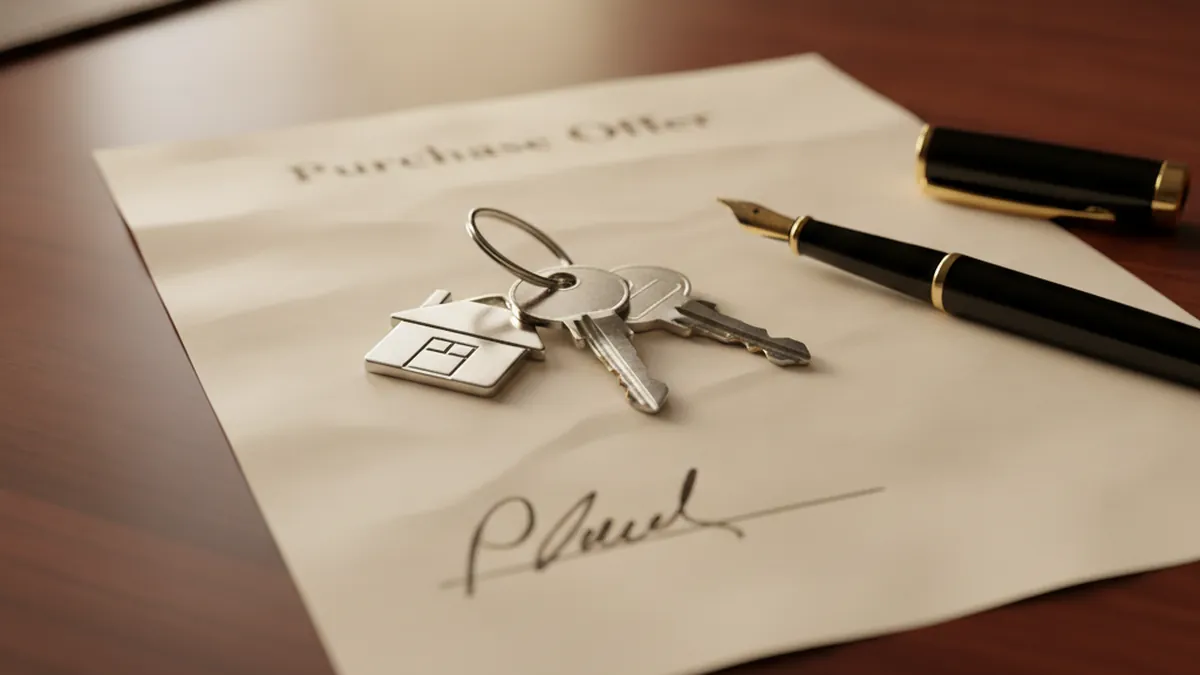 Keys and purchase offer document on a notary's desk illustrating a direct sale of a plex with deferred maintenance on the North Shore