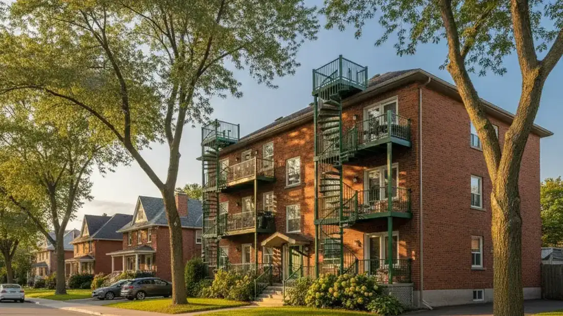 Façade d'un plex multilogement de brique de la Rive-Nord du Québec vendu directement à un acheteur sans conditions