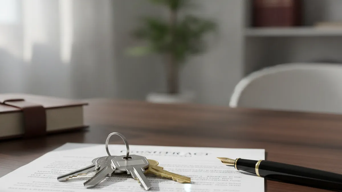 Remise des clés et acte de vente sur un bureau de notaire pour la vente rapide d'un immeuble à rénover tel quel