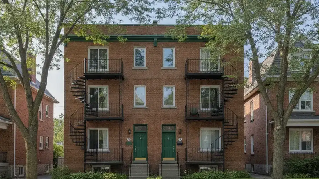 Façade extérieure d'un triplex résidentiel typique de la Rive-Nord du Québec représentant un immeuble à revenus à vendre